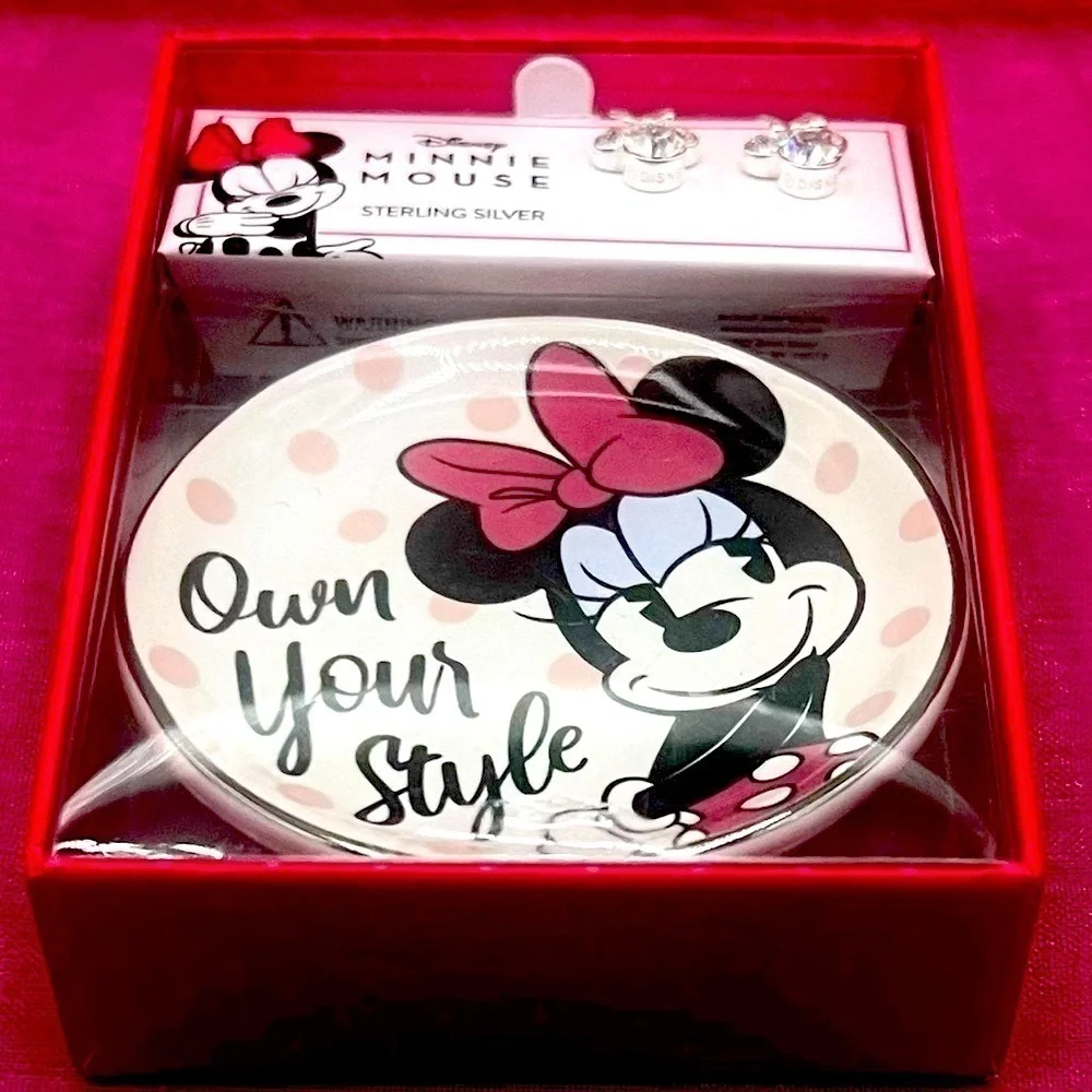 Disney MINNIE MOUSE Sterling Silver Clear Crystal Stud Earrings & Trinket Dish